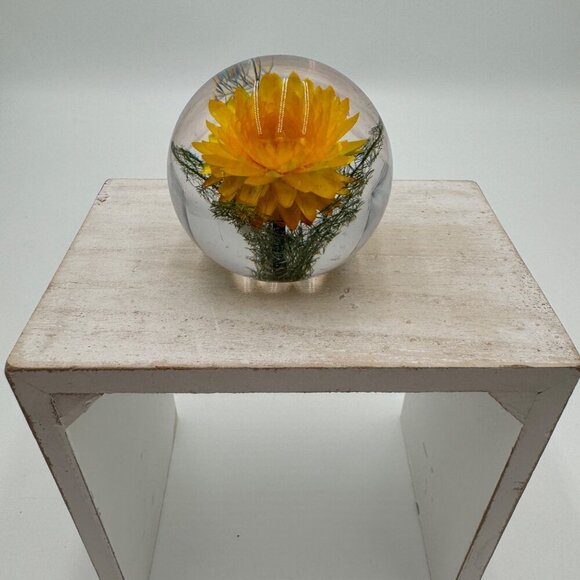 Anthropologie Resin Paperweight, Yellow Helichrysum straw flower vintage vibe - Picture 1 of 8